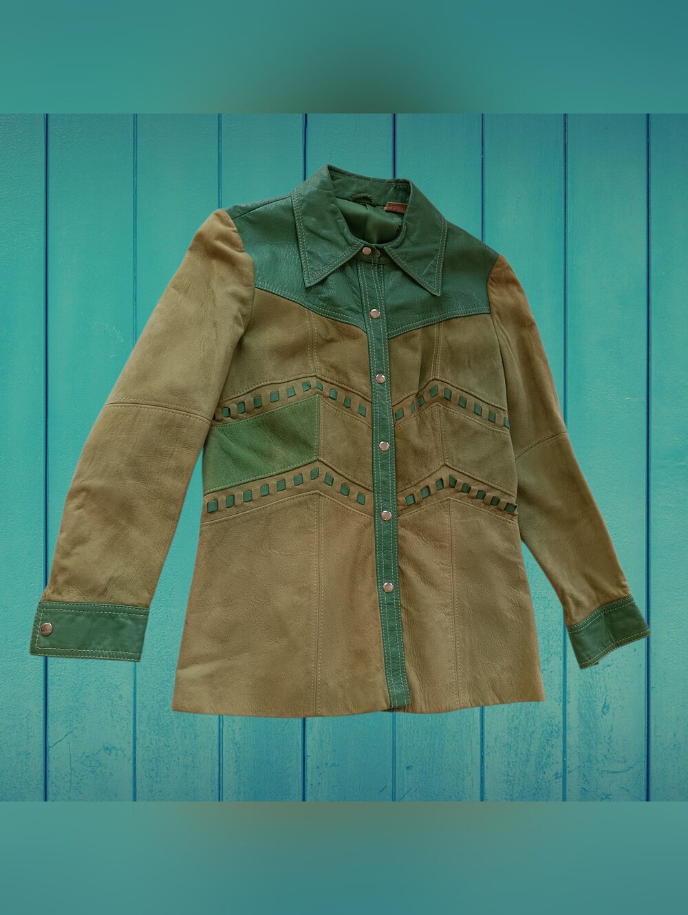 Rare True Vintage 70s Multi Tone Green Suede Leather Knit Back Tailored Jacket